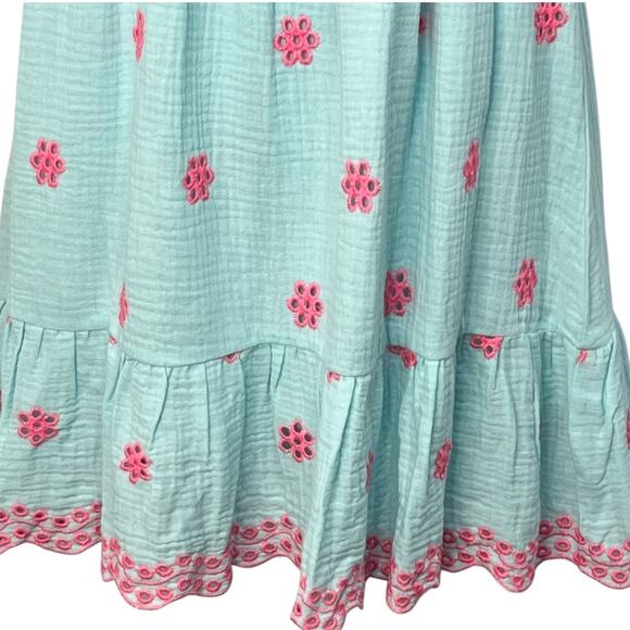 Easel Embroidered Smocked Tie Back Cotton Blue Ruffle Dress Small A Line Boho - Picture 5 of 14